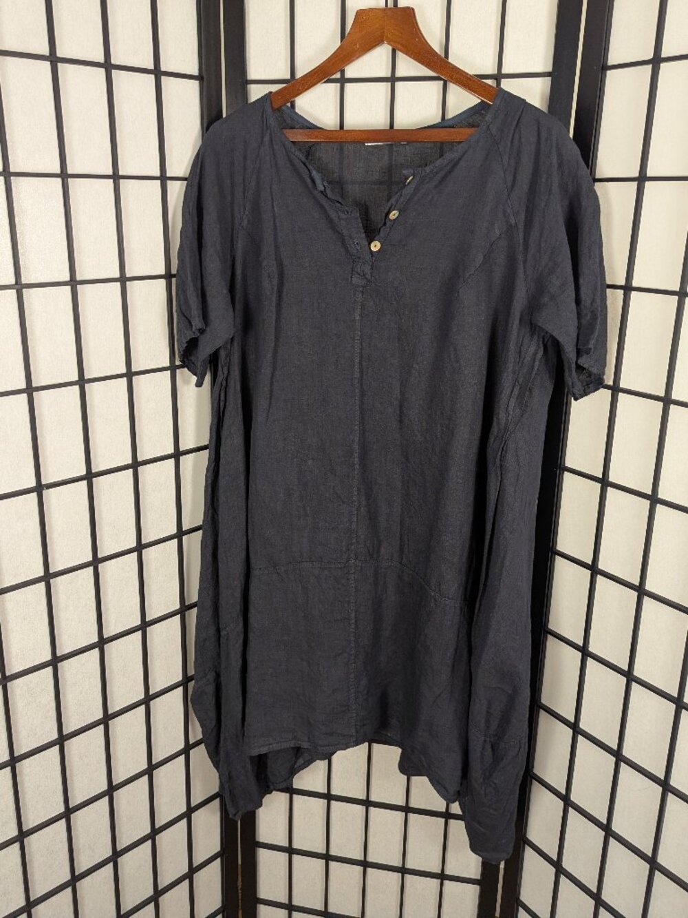 Made in Italy 100% Linen Sharkbite Hem Dress Charcoal Gray Lagenlook Boho